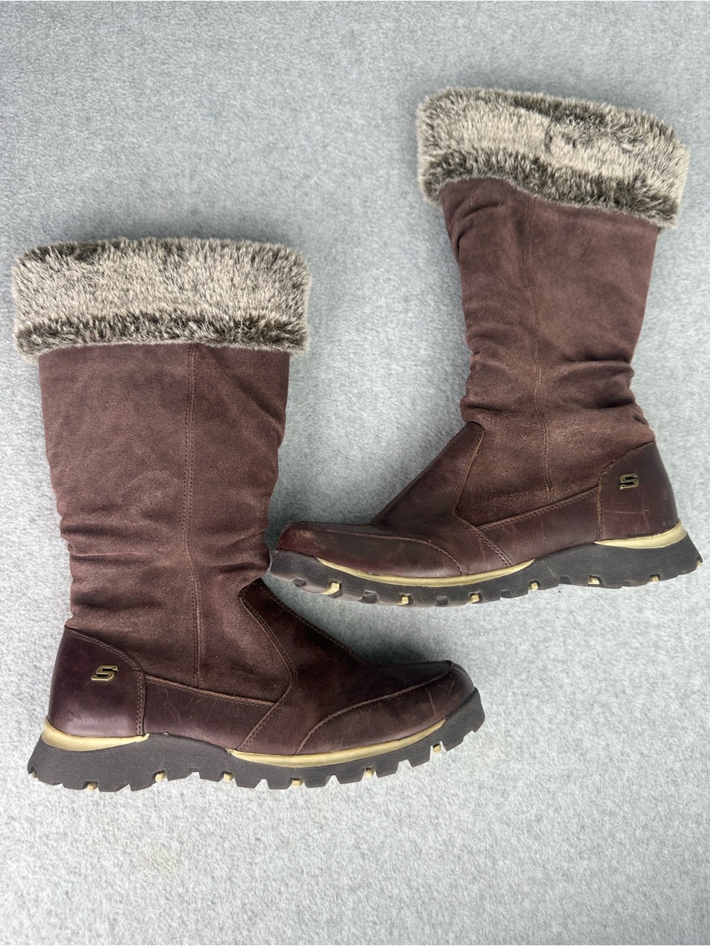 Vintage Y2K Skechers Brown Leather Faux Fur Trim Slouchy Winter Boots Womens 7.5